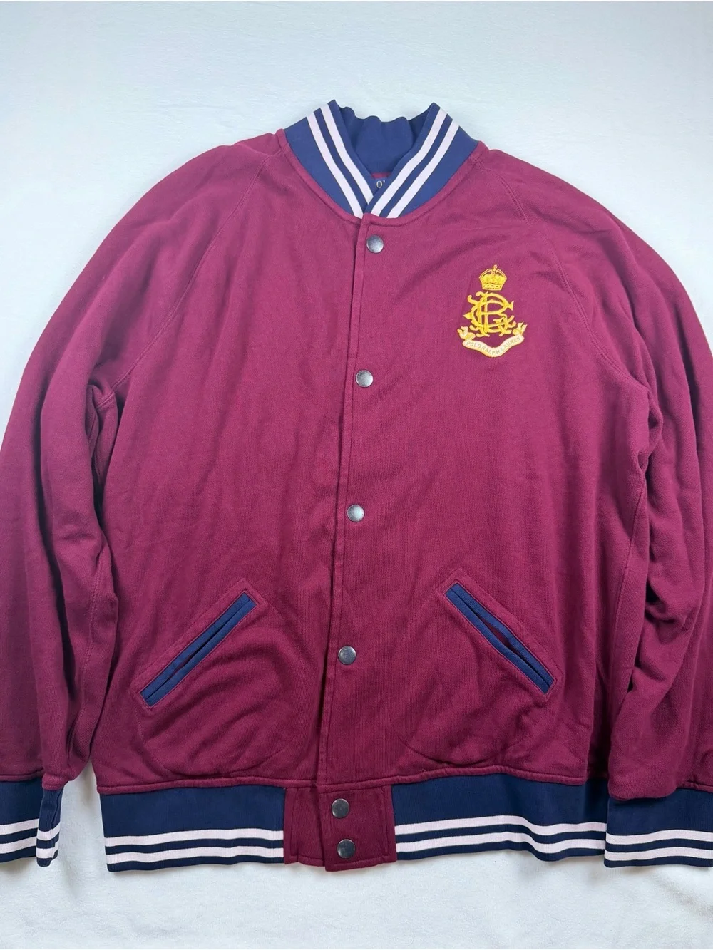 Polo Ralph Lauren Varsity Jacket Men’s XXL Burgundy Blue Snap Front Logo Bomber